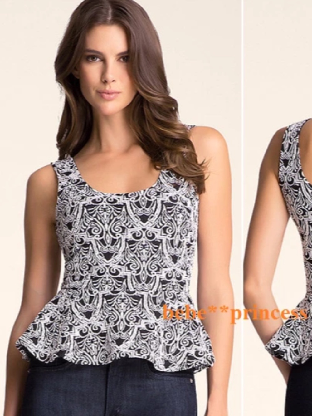 New bebe black white textured sleeveless tank peplum top xs